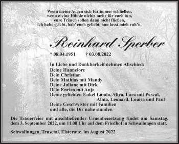 Traueranzeige von Reinhard Sperber von Südthüringer Presse