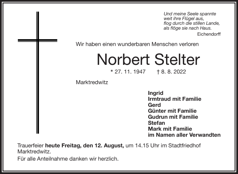  Traueranzeige für Norbert Stelter vom 12.08.2022 aus Frankenpost