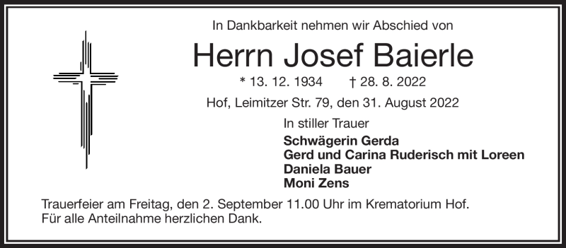  Traueranzeige für Josef Baierle vom 31.08.2022 aus Frankenpost