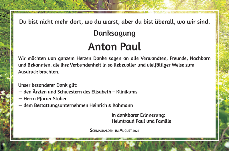  Traueranzeige für Anton Paul vom 06.08.2022 aus Südthüringer Presse