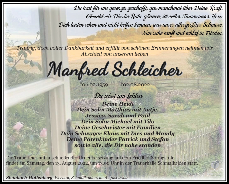  Traueranzeige für Manfred Schleicher vom 06.08.2022 aus Südthüringer Presse