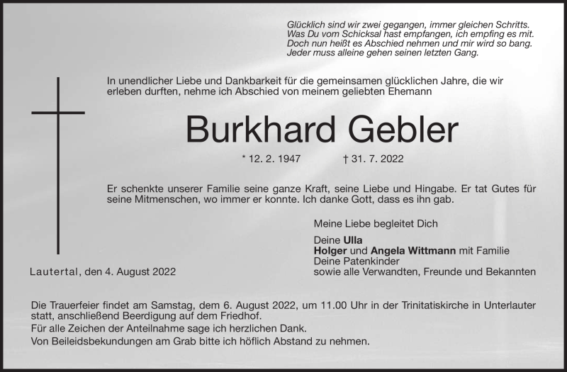  Traueranzeige für Burkhard Gebler vom 04.08.2022 aus Neue Presse Coburg