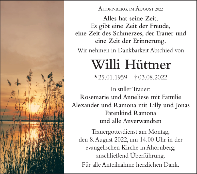  Traueranzeige für Willi Hüttner vom 06.08.2022 aus Frankenpost