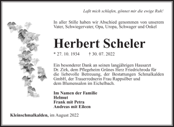 Traueranzeige von Herbert Scheler von Südthüringer Presse