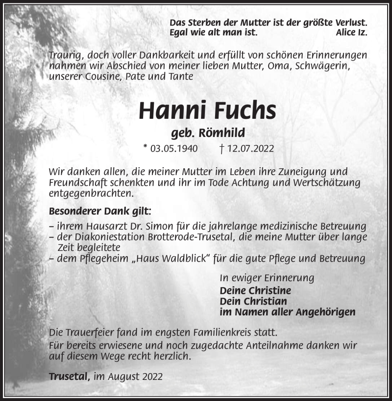  Traueranzeige für Hanni Fuchs vom 06.08.2022 aus Südthüringer Presse