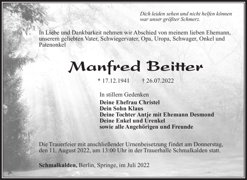  Traueranzeige für Manfred Beitter vom 06.08.2022 aus Südthüringer Presse