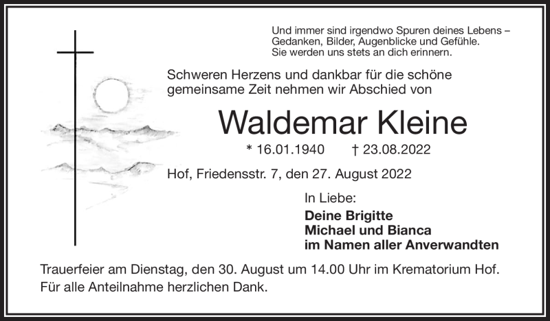  Traueranzeige für Waldemar Kleine vom 27.08.2022 aus Frankenpost