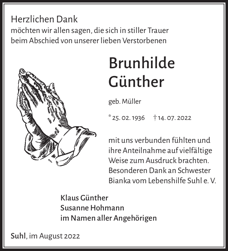  Traueranzeige für Brunhilde Günther vom 20.08.2022 aus Südthüringer Presse