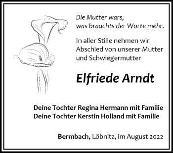 Traueranzeige von Elfriede Arndt von Südthüringer Presse