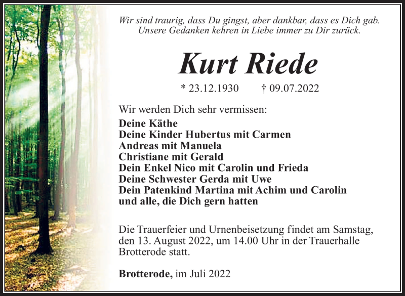  Traueranzeige für Kurt Riede vom 06.08.2022 aus Südthüringer Presse