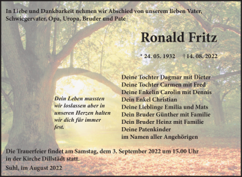 Traueranzeige von Ronald Fritz von Südthüringer Presse