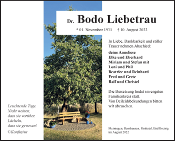 Traueranzeige von Bodo Liebetrau von Südthüringer Presse