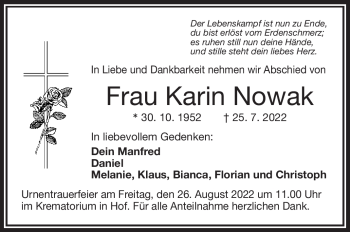 Traueranzeige von Karin Nowak von Frankenpost