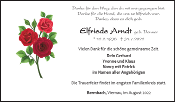 Traueranzeige von Elfriede Arndt von Südthüringer Presse