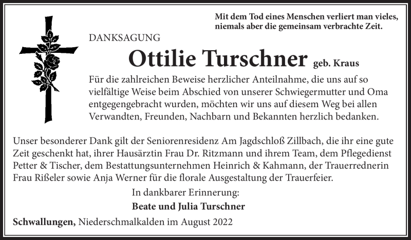  Traueranzeige für Ottilie Turschner vom 06.08.2022 aus Südthüringer Presse