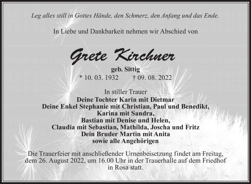  Traueranzeige für Grete Kirchner vom 20.08.2022 aus Südthüringer Presse