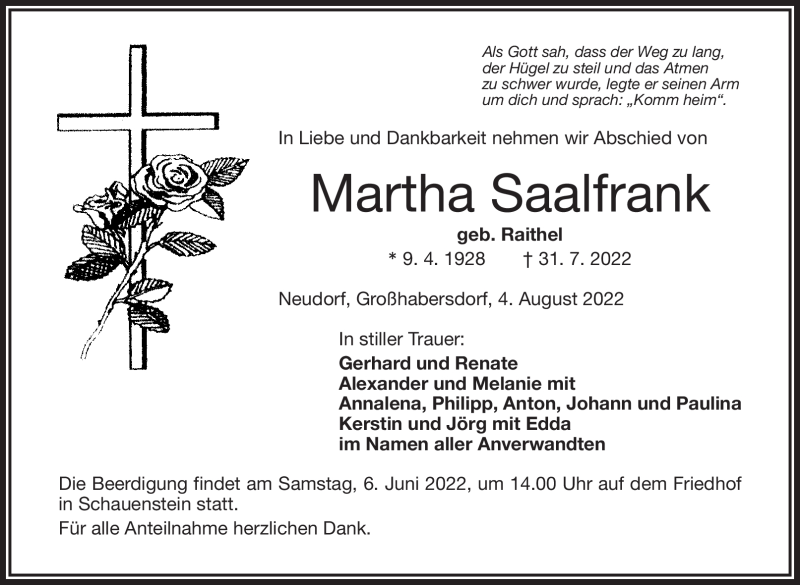  Traueranzeige für Martha Saalfrank vom 04.08.2022 aus Frankenpost