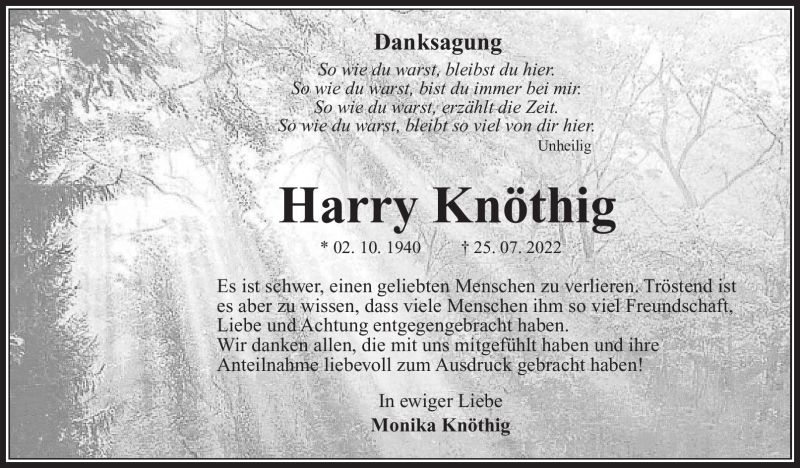  Traueranzeige für Harry Knöthig vom 20.08.2022 aus Südthüringer Presse