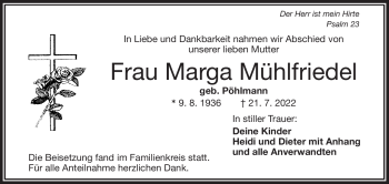 Traueranzeige von Marga Mühlfriedel von Frankenpost