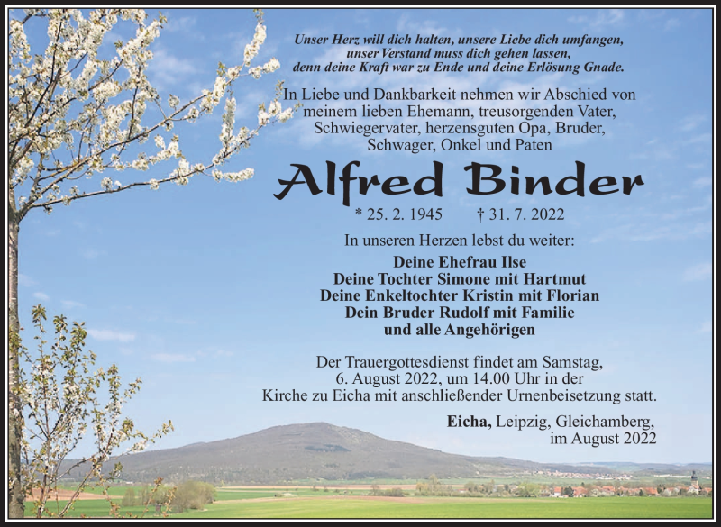  Traueranzeige für Alfred Binder vom 04.08.2022 aus Südthüringer Presse