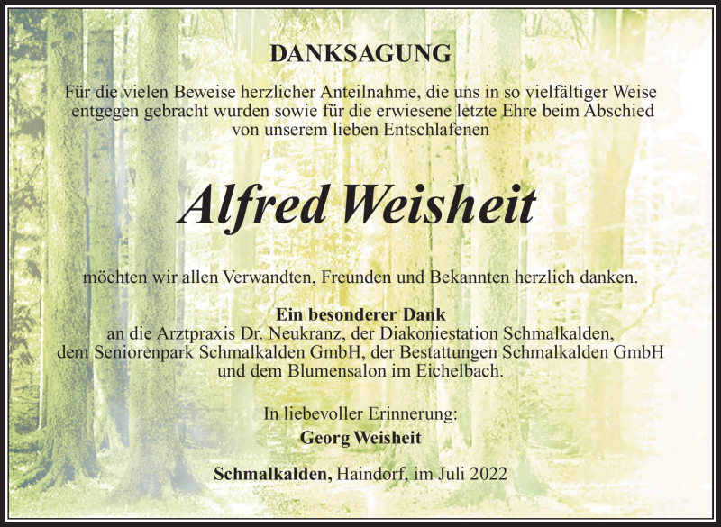  Traueranzeige für Alfred Weisheit vom 06.08.2022 aus Südthüringer Presse