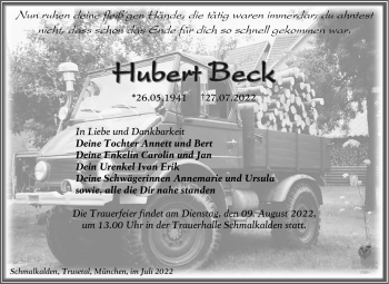 Traueranzeige von Hubert Beck von Südthüringer Presse