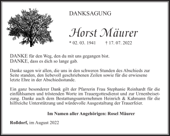 Traueranzeige von Horst Mäurer von Südthüringer Presse