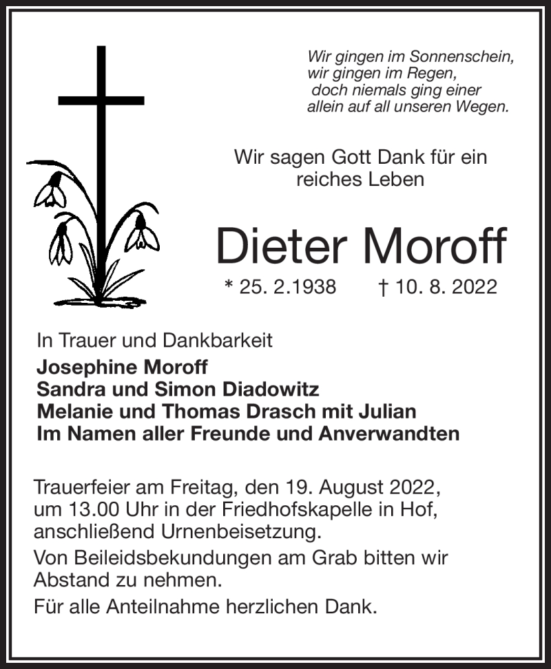  Traueranzeige für Dieter Moroff vom 16.08.2022 aus Frankenpost