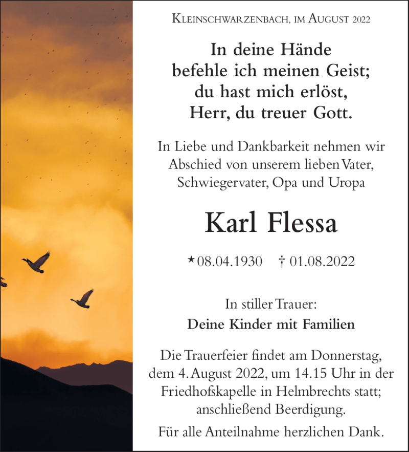  Traueranzeige für Karl Flessa vom 03.08.2022 aus Frankenpost