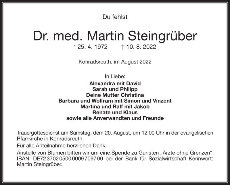  Traueranzeige für Martin Steingrüber vom 17.08.2022 aus Frankenpost