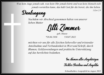 Traueranzeige von Lilli Zimmer von Südthüringer Presse