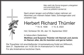 Traueranzeige von Herbert Richard Thümler von Frankenpost