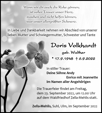 Traueranzeige von Doris Volkhardt von Südthüringer Presse