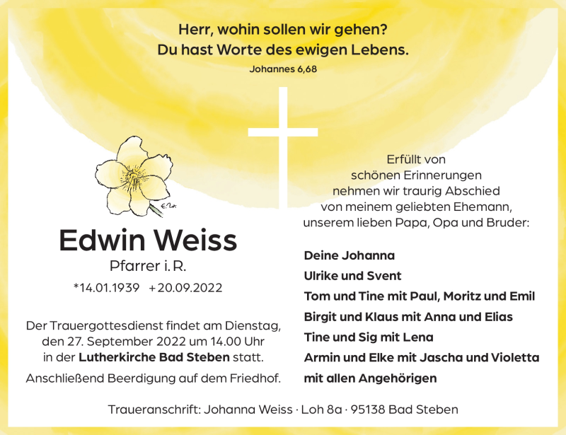 Traueranzeige für Edwin Weiss vom 24.09.2022 aus Frankenpost