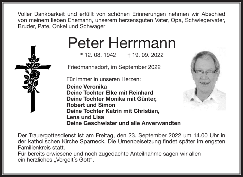  Traueranzeige für Peter Herrmann vom 21.09.2022 aus Frankenpost