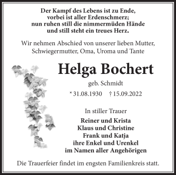Traueranzeige von Helga Bochert von Südthüringer Presse