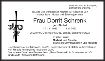 Traueranzeige von Dorrit Schrenk von Frankenpost
