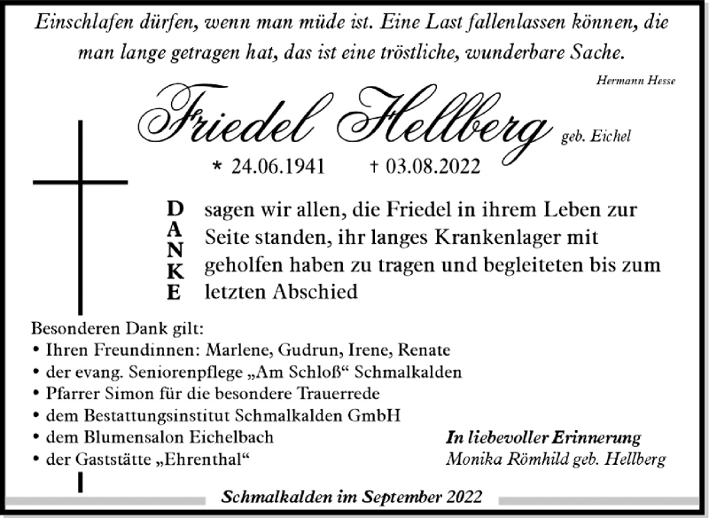  Traueranzeige für Friedel Hellberg vom 24.09.2022 aus Südthüringer Presse