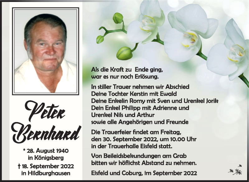  Traueranzeige für Peter Bernhard vom 24.09.2022 aus Südthüringer Presse