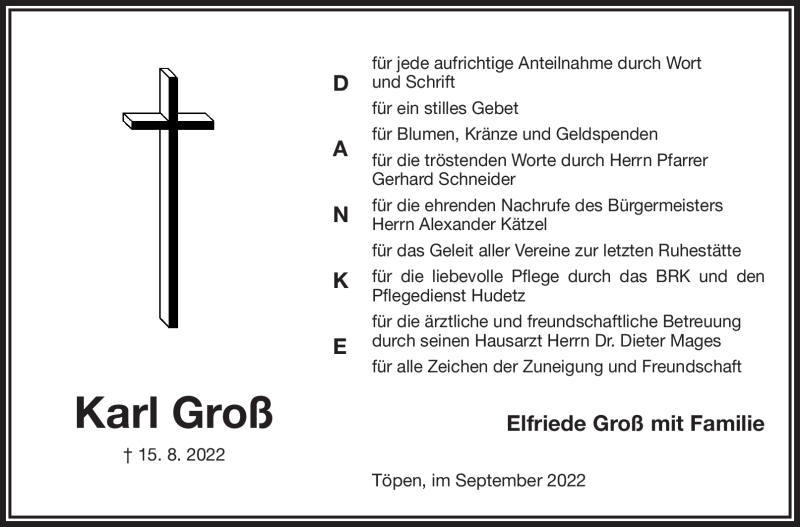  Traueranzeige für Karl Groß vom 03.09.2022 aus Frankenpost
