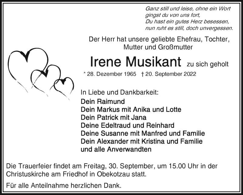  Traueranzeige für Irene Musikant vom 28.09.2022 aus Frankenpost
