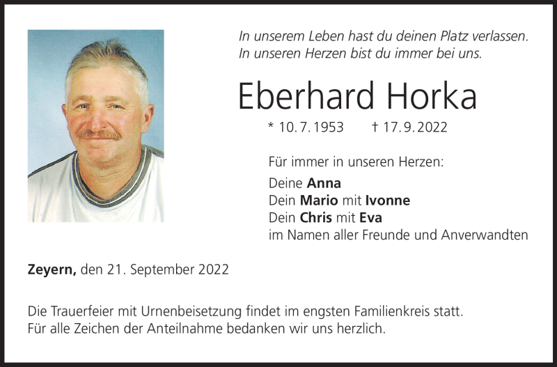  Traueranzeige für Eberhard Horka vom 21.09.2022 aus Neue Presse Coburg