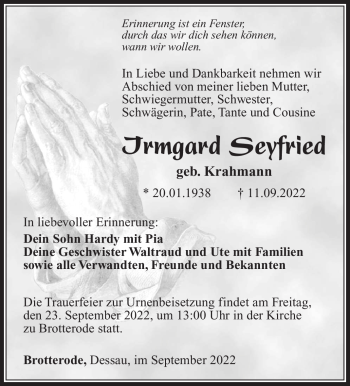 Traueranzeige von Irmgard Seyfried von Südthüringer Presse