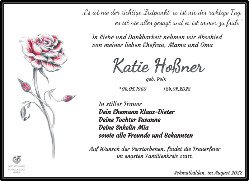  Traueranzeige für Katie Hoßner vom 01.09.2022 aus Südthüringer Presse