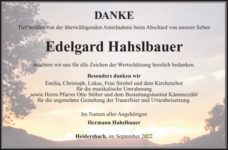  Traueranzeige für Edelgard Hahslbauer vom 03.09.2022 aus Südthüringer Presse