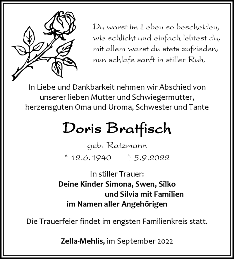  Traueranzeige für Doris Bratfisch vom 10.09.2022 aus Südthüringer Presse