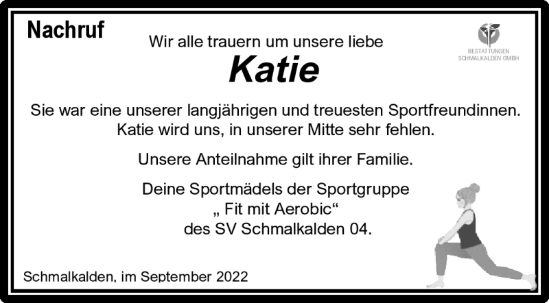  Traueranzeige für Katie Hoßner vom 10.09.2022 aus Südthüringer Presse