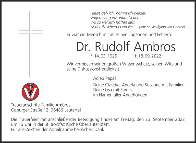  Traueranzeige für Rudolf Ambros vom 22.09.2022 aus Neue Presse Coburg