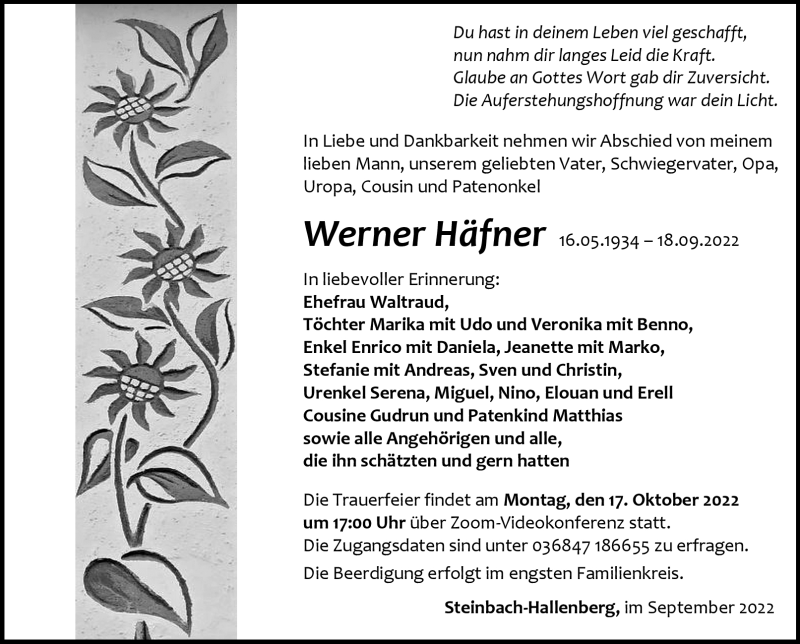  Traueranzeige für Werner Häfner vom 28.09.2022 aus Südthüringer Presse