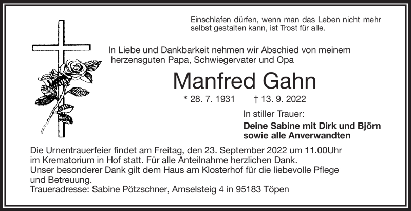  Traueranzeige für Manfred Gahn vom 20.09.2022 aus Frankenpost